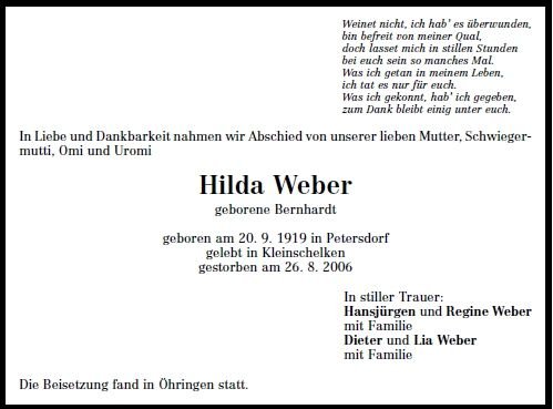 Bernhardt Hilda 1919-2006 Todesanzeige
